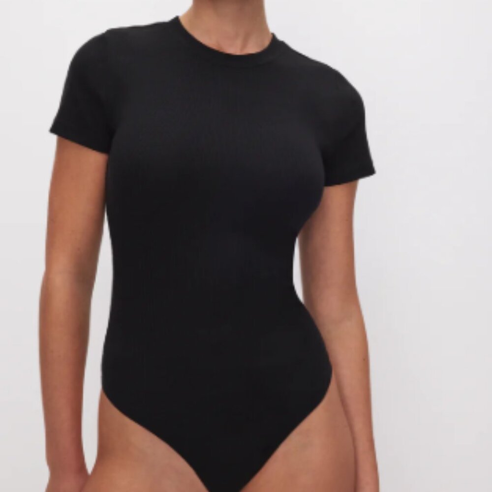 Good American MICRO RIB COTTON TEE BODYSUIT | BLACK Medium NWT
